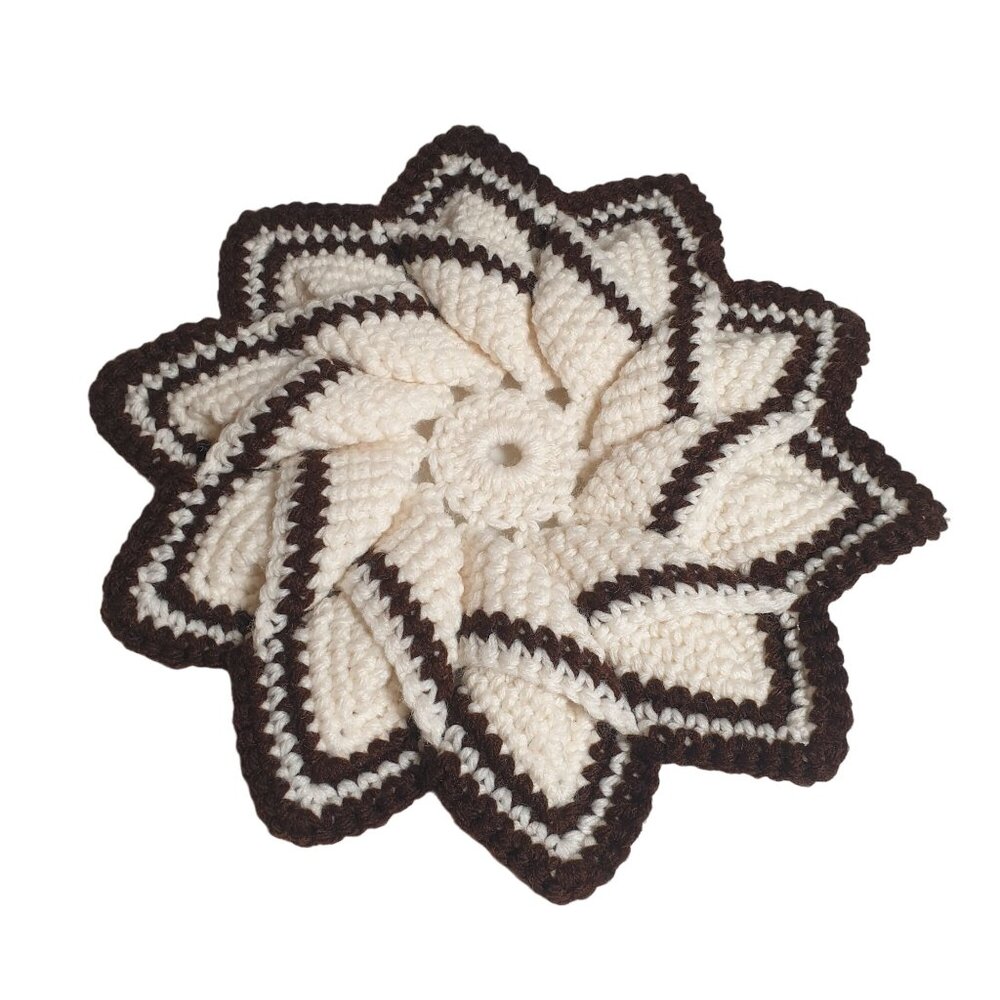 Handmade Crochet Flower Shaped Trivet - Brown & Cream - 10" Diameter